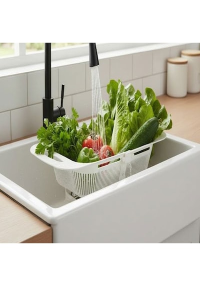 Sürgülü Ayarlanabilir Pratik Lavabo Süzgeci, Ayarlı Evye, Meyve Sebze Salata Yıkama Süzgeci 3 Renk Çok Renkli