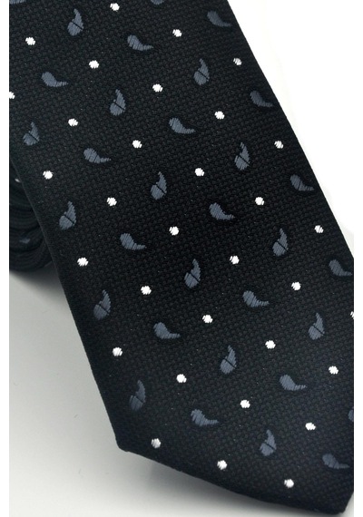 Gaffy Beyaz Füme Desenli Siyah Dokuma Kumaş Mendilli Slim Fit Kravat // Sdk-2612-1 Siyah