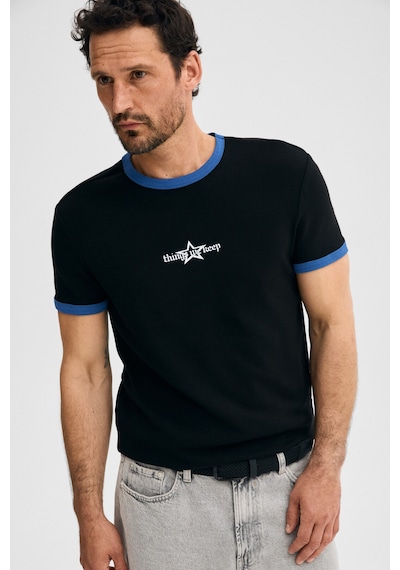 Grimelange Lıgne Erkek Yumuşak Ve Esnek Kumaşlı Kontras Biyeli Baskı Detaylı Siyah T-shirt