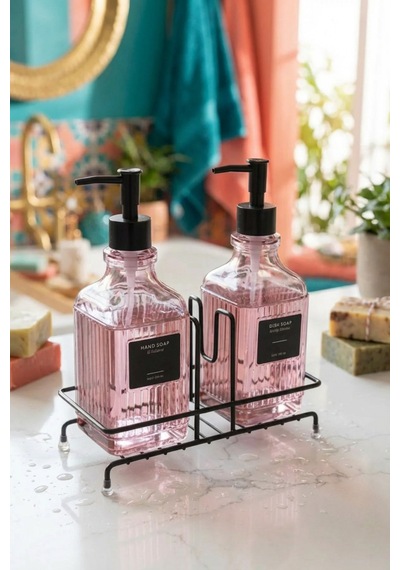 Makri Home Modern Çizgili Desenli Cam Ikili Sıvı Sabunluk & Deterjanlık Seti, Pembe- 500 Ml Cam Sabunluk