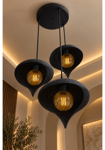 Beton Görünümlü 3'lü Su Damlası Sarkıt Avize Modern Bohem Salon Yemek Masası 3 Rustik Led Ampul Hediyeli Siyah