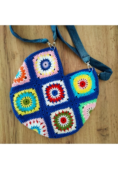 Newdaycraft El Örgüsü Tığ İşi Bohem Kare Motif Renkli Tote Çanta Çok renkli