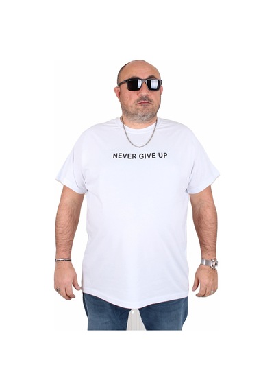 Moc Grande Mocgrande Erkek Büyük Beden Sıfır Yaka Tişört Never Give Up 25140 Beyaz Beyaz