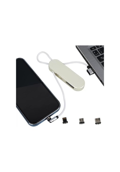 Pm-25905 Beyaz 3ın1 Type C- Lightning-micro Usb Manyetik Uç Taşınabilir Şarj Kablosu