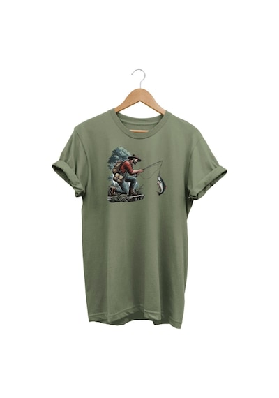 Widi Balık Avı Baskılı Haki T-shirt Haki Yeşil