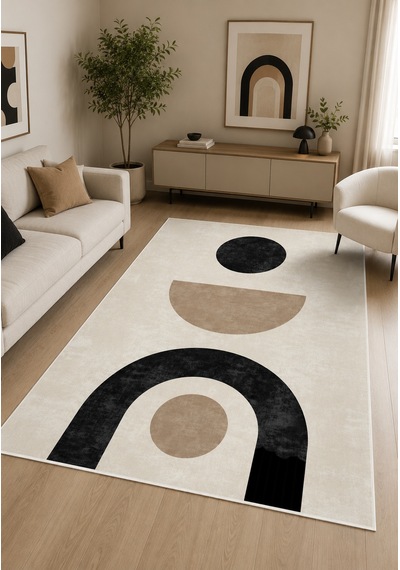Modern Desen Baskılı Kaymaz Yıkanabilir Salon Oturma Odası Mutfak Balkon Halısı Yolluk krem