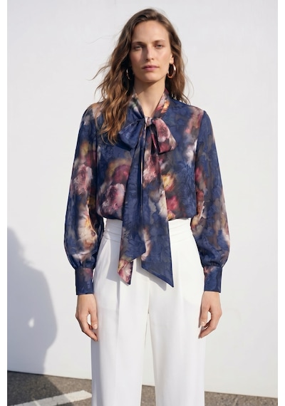 Sateen Fularlı Desenli Gömlek - Lacivert-137420