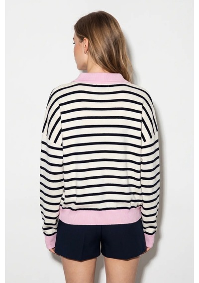 Soft&basic Çizgili Polo Yaka Triko Kadın Kazak Fermuarlı Pembe