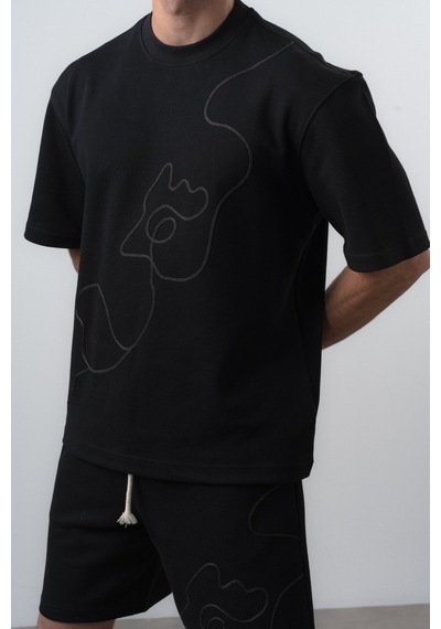 Erkek Nakış Detaylı Regular Fit T-shirt Şort Takım Siyah