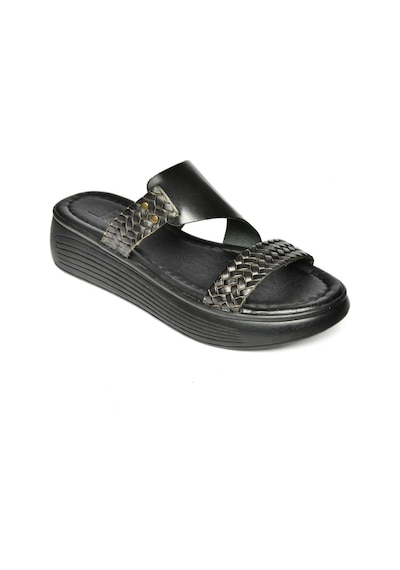 Fox Shoes S291059703 Siyah Hakiki Deri Kalın Tabanlı Kadın Terlik Siyah