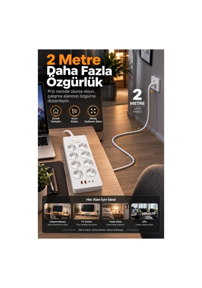 Robeve Fulltech 3680w 8 Li Akım Korumalı Uzatma Prizi - 2 Usb-a 2 Type-c, 2 Metre Kablo, Akıllı Koruma Sistemli Çoklu Priz Çoğaltıcı Grup Priz 8'li Priz 8'li Fiş Grup Fiş 2 M