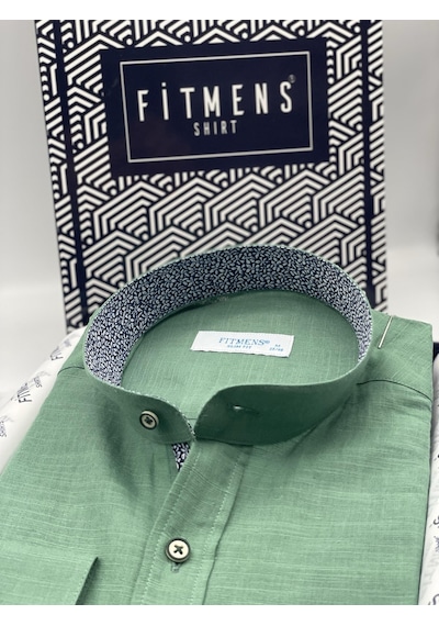 Hakim Yaka Slim Fit Keten Hediye Kutulu Erkek Gömlek Fs-003042 - Yeşil-2192