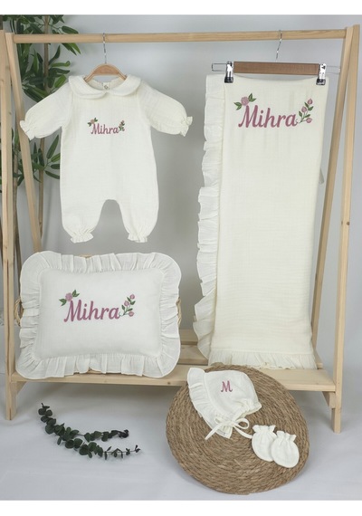 Gros Shop Müslin Yeni Doğan 4katlı Organik %100pamuk Kişiye Özgü Nakışlı Hastane Çıkış Seti Güllü Mode-3 Ekru