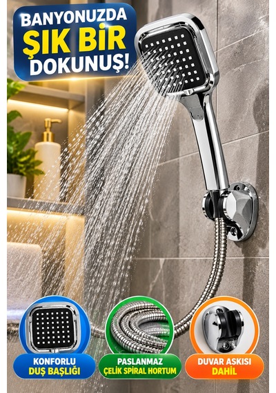 Kare Duş Başlığı Seti Krom Görünümlü El Duşu Çelik Spiral Hortum Ve Duvar Askısı Banyo Duş Seti 3'lü Gri