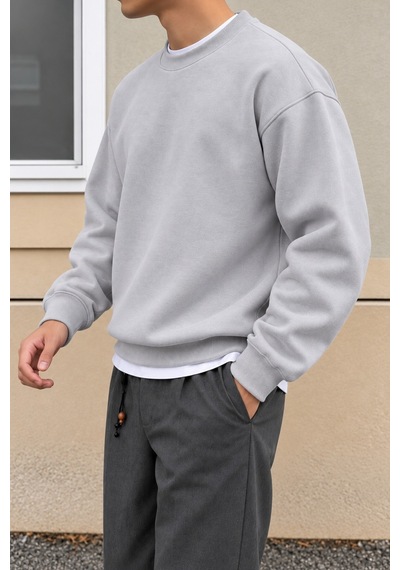 Cool Tarz Erkek 3 İplik Şardonlu Regular Fit Bisiklet Yaka Basic Sweatshirt Gümüş Gümüş