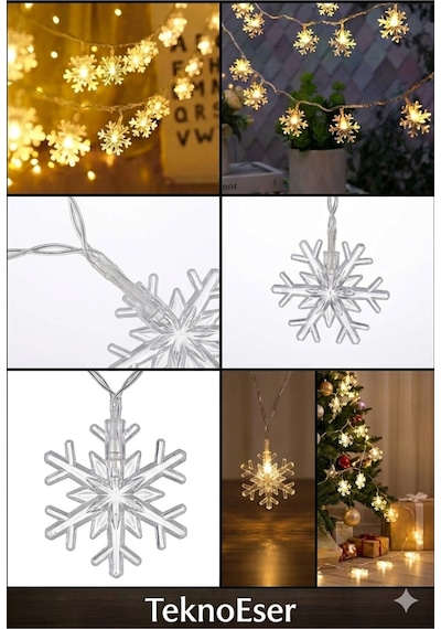 Kar Tanesi Led Işık Zinciri 5 Metre Pilli Noel Yılbaşı Dekorasyon Şeffaf Kablo 28 Led