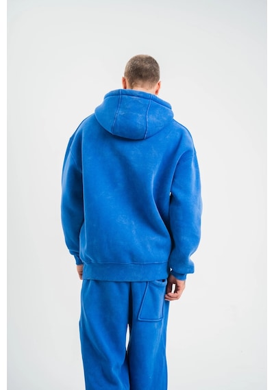 Barlashive Erkek 3 İplik Pamuklu Oversize Kapüşonlu Yıkamalı Hoodie Sweatshirt - Mavi Çok Renkli