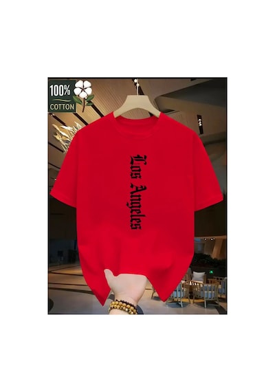 Medinenur Los Angeles Yazı Detaylı Basic T-shirt Kırmızı