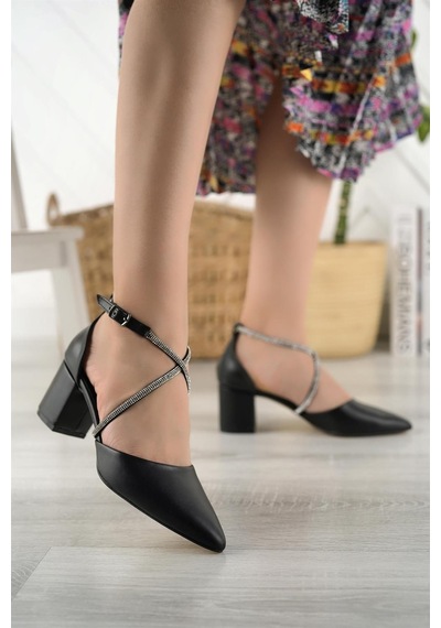 Nesil Shoes Elva 054 Siyah Taşlı Topuklu Kadın Ayakkabı-siyah Siyah