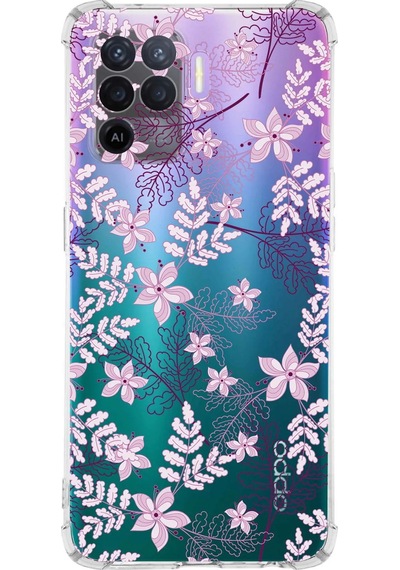 Oppo A94 Uyumlu Köşe Korumalı Floral Pudra Tasarımlı Şeffaf Silikon Kılıf