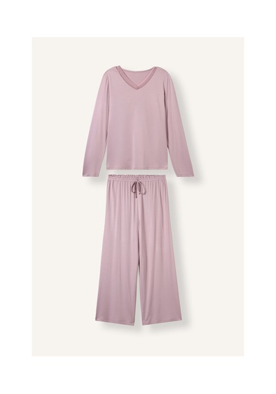 Defacto Regular Fit V Yaka Uzun Kollu Üst Geniş Kesim Alt Pijama Takımı H9101ax26aubr488 Bordo-br488