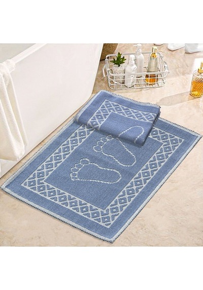 Soffy Mavi & Mavi 2 Adet 50x70 Cm Banyo Paspası %100 Doğal Pamuk Ayak Paspası Ayak Havlusu Mavi