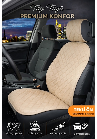 Oto Koltuk Kılıfı Tay Tüyü Tekli Ön Minder 4 Katmanlı Terletmez Airbag Uyumlu - Bej
