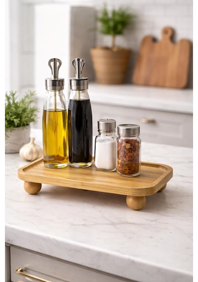 Bambu Sunumluk Stand Yağlık & Baharatlık Organizer, Tezgah Üstü Çok Amaçlı Bambu Stand Bambu