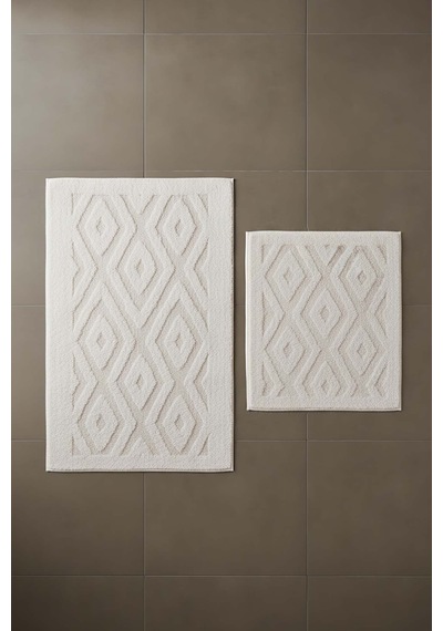 Krem Elmas Desenli Pamuklu 2 Li Banyo & Klozet Paspas Takımı Krem