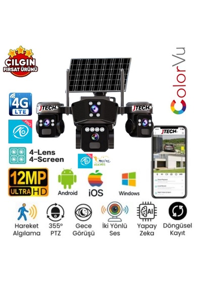 O-kam Ok-303 Premium 4g 4x3mp 12mp 4g Sim Kartlı Solar Panelli 4 Lens 1 Alert Ptz Akıllı Kamera