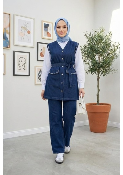 Hb Harma Time Butik Kadın Taş İşlemeli Kuşaklı Yelek-pantolon Koyu Kot Mavi İkili Takım Koyu Mavi Koyu Mavi Hb Harma Time Butik Kadın Taş İşlemeli Kuşaklı Yelek-pantolon Koyu Kot Mavi İkili Takım Koyu Mavi Koyu Mavi
