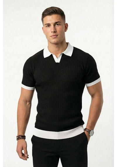 Sayzen Your Shine Sayzen Polo Yaka Çizgili T-shirt Mansum2601 Siyah
