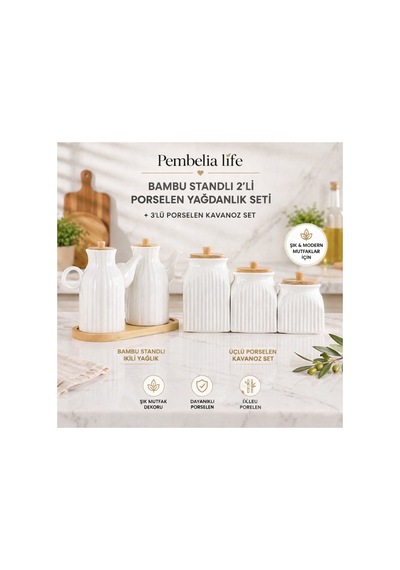 2 Li Set 6 Parça Bambu Standlı Papatya Porselen 1000ml Yağdanlık Ve 3 Lu Kavanoz Saklama Seti Beyaz Beyaz