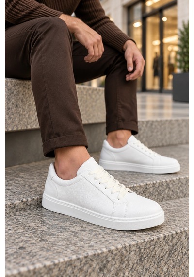Mevese Etile Bağcıklı Cilt Erkek Günlük Sneaker Ayakkabı - Beyaz
