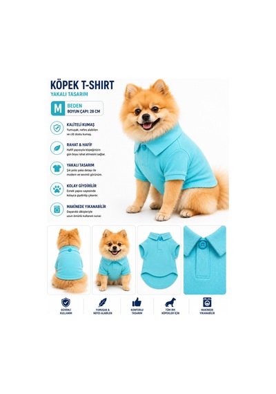 Köpek Polo Yaka Tişört M Beden Boyun Çapı 28 Cm Nefes Alabilen Kumaş - Mavi