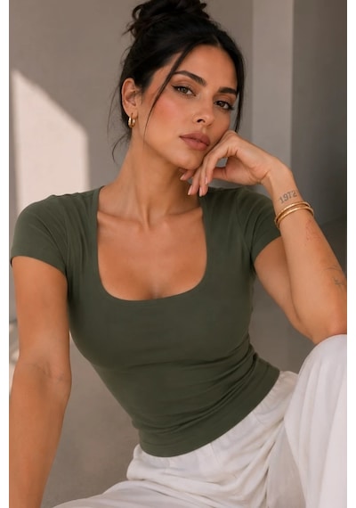 Bb Butik Basic Soft Touch Kare Yaka Body Tulum Astarlı Md3535 Haki