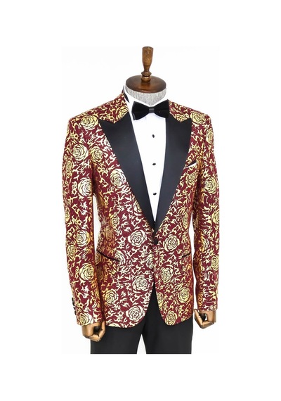 Wessi Gold Gül Desenli Slim Fit Bordo Erkek Smokin Ceket Bordo