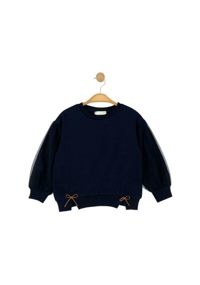 Kız Çocuk Pamuklu Kolları Tül Detaylı Fiyonklu Sweatshirt-16217 Siyah