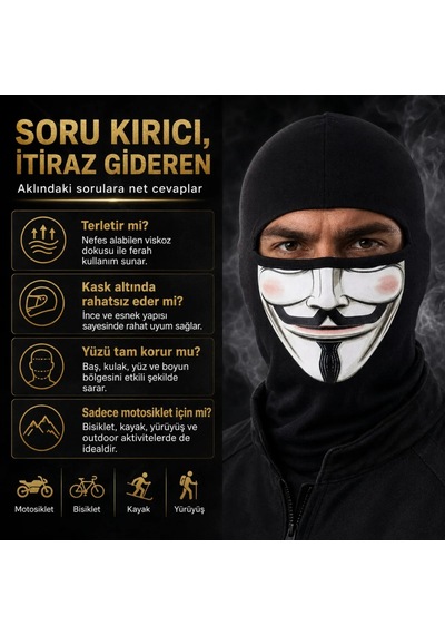 Unisex Anonymous Baskılı Balaklava 1 Adet Tek Beden Viskoz Kask İçi Motosiklet Maskesi 1 Siyah