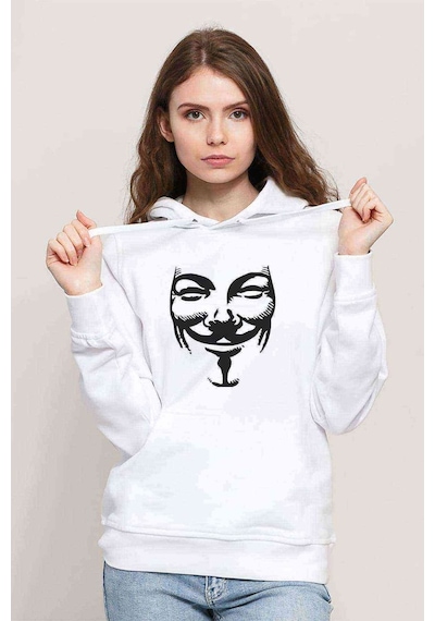 V For Vandetta Mask Baskılı Beyaz Kadın Kapşonlu Sweatshirt