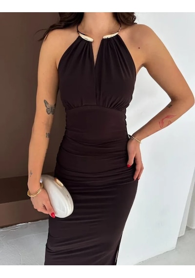 Efnaz Style Uzun Abiye Elbise Yırtmaçlı Sırt Dekolteli Şık Gece Elbisesi - Kahverengi Efnaz Style Uzun Abiye Elbise Yırtmaçlı Sırt Dekolteli Şık Gece Elbisesi - Kahverengi