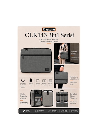 Classone 3in1 Serisi Clk144 13,14 İnch Uyumlu Tablet, Laptop El Ve Omuz Çantası Keten Gri