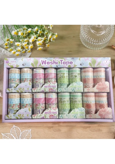Vintage Washi Tape Bant Baskılı Yapışkanlı Maskeleme Kağıdı 45d Desenli Bant 10'lu - Pembe Çiçek Gül 1
