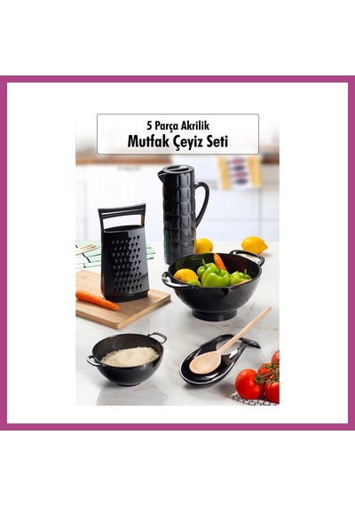 Gees Global Akrilik Siyah 5 Parça Sürahi & Rende & Süzgeç & Mini Süzgeç & Kaşıklık & Mutfak Çeyiz Seti Gbzs