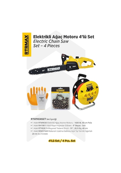 Rtrmax RTM9030SET Elektrikli Ağaç Kesme Motoru Eldiven + Testere Zinciri + Makaralı Uzatma Kablosu 4'lü Set