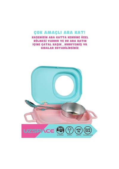 Bento 1100ml Lunchbox Tek Katlı 3 Bölmeli Kaseli Çelik Sefer Tası Yemek Kutusu Turkuaz-pembe Çok Renkli
