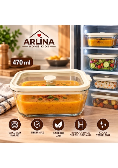 470 Ml Vakum Kapaklı Cam Saklama Kabı Krem
