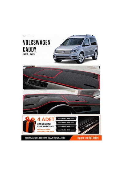 Volkswagen Caddy 2015-2021 Uyumlu Torpido Örtüsü, Torpido Kılıfı - Siyah Kırmızı