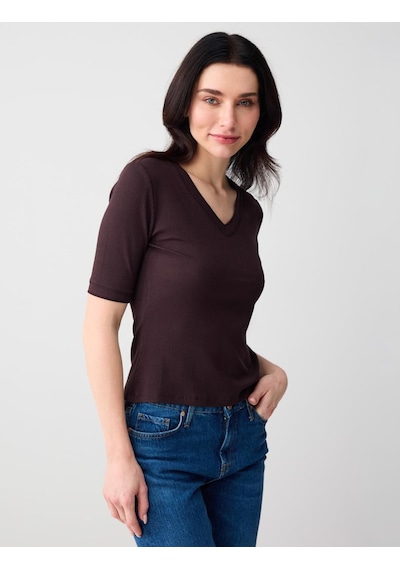 Jimmy Key Acı Kahve V Yaka Kısa Kollu Düz Kesim Örme Bluz 6sw035677803