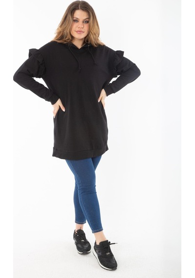 Şans Kadın Büyük Beden Siyah İçi Şardonlu Üç İplik Kol Detaylı Kapşonlu Sweatshirt 65n37299-siyah Siyah